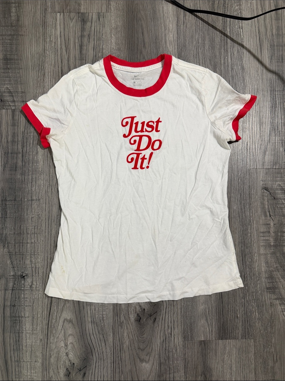 Nike White Ringer Tee with Red 'Just Do It!' Graphic